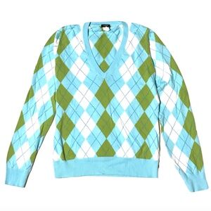 (worn) J Crew v-neck argyle diamond pullover sweater blue green white large